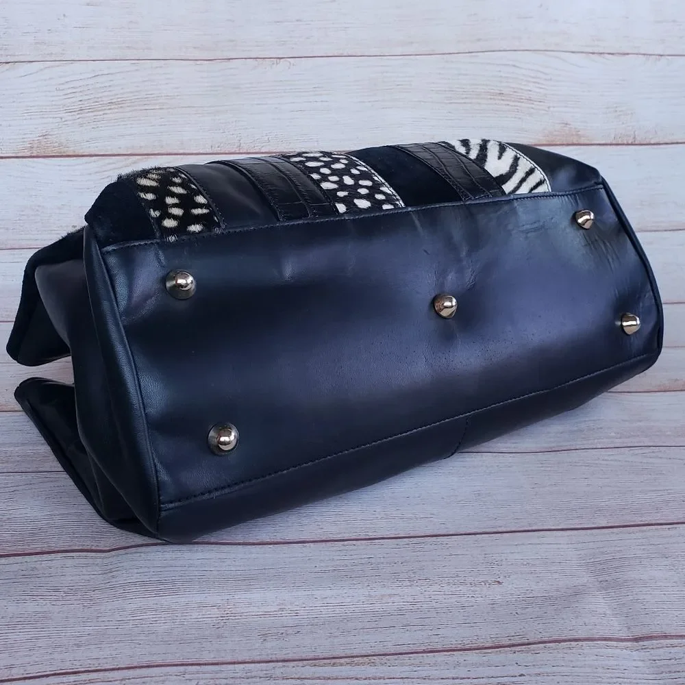 A. Bellucci Leather Suede Animal Print Satchel Made in Italy Multi Black